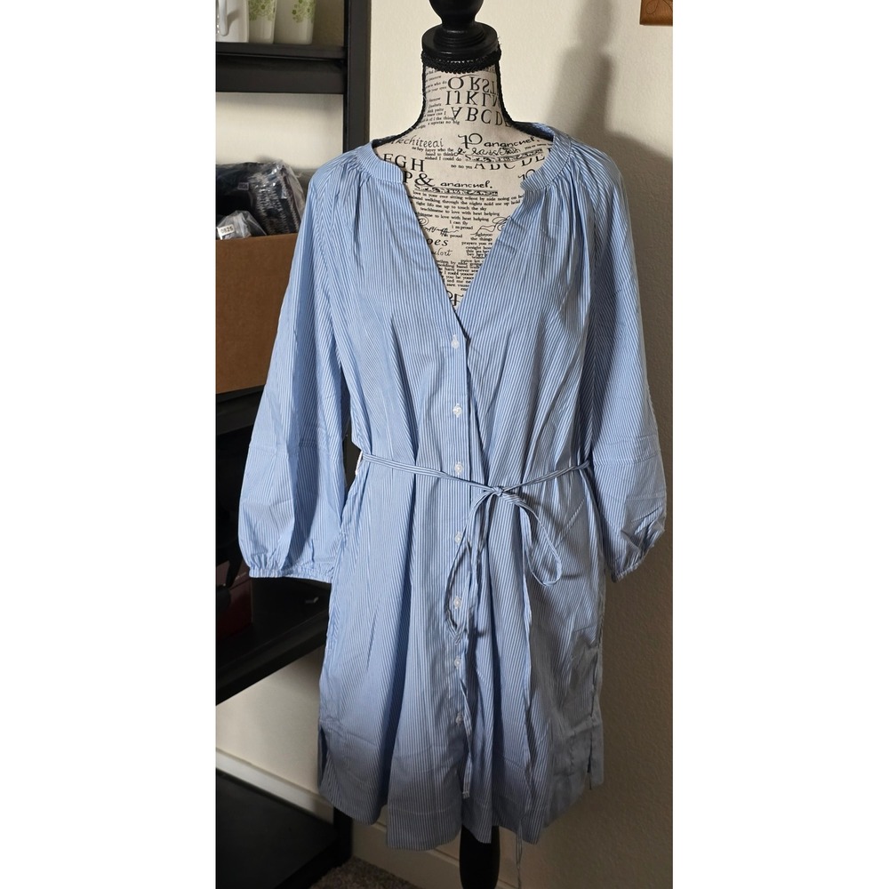 NWT A New Day Womens Large Blue Striped Long Sleeve Belted Shirt Dress Deadstock